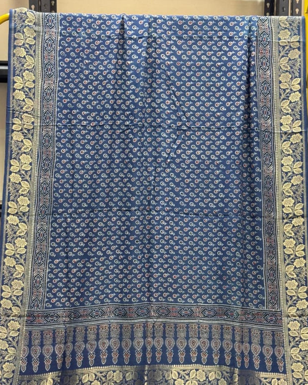 TAS Auto Crop Upper - Dola Silk Ajrakh Hand Block Print Natural Dye Zari Pallu Dupatta 14