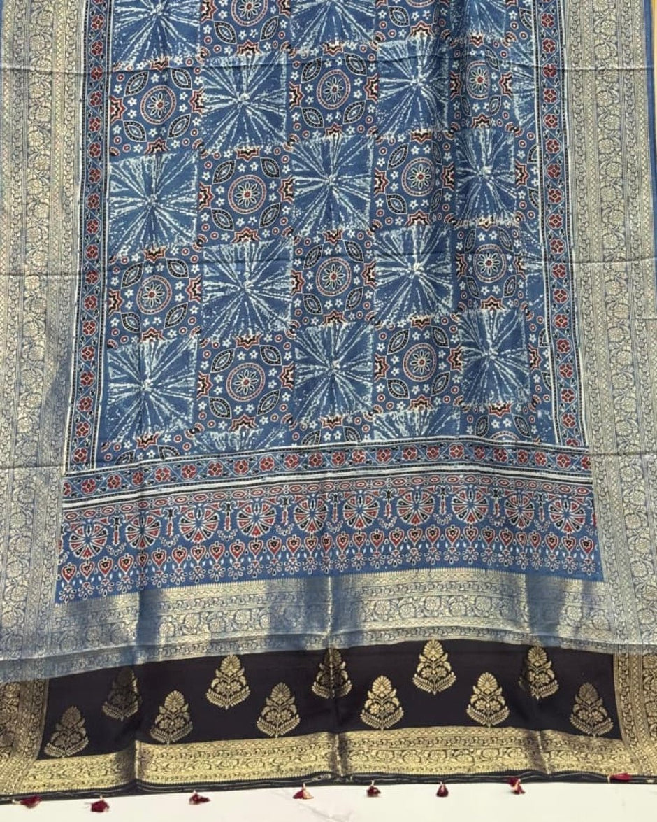 TAS Auto Crop Lower - Dola Silk Ajrakh Hand Block Print Natural Dye Zari Pallu Dupatta 15