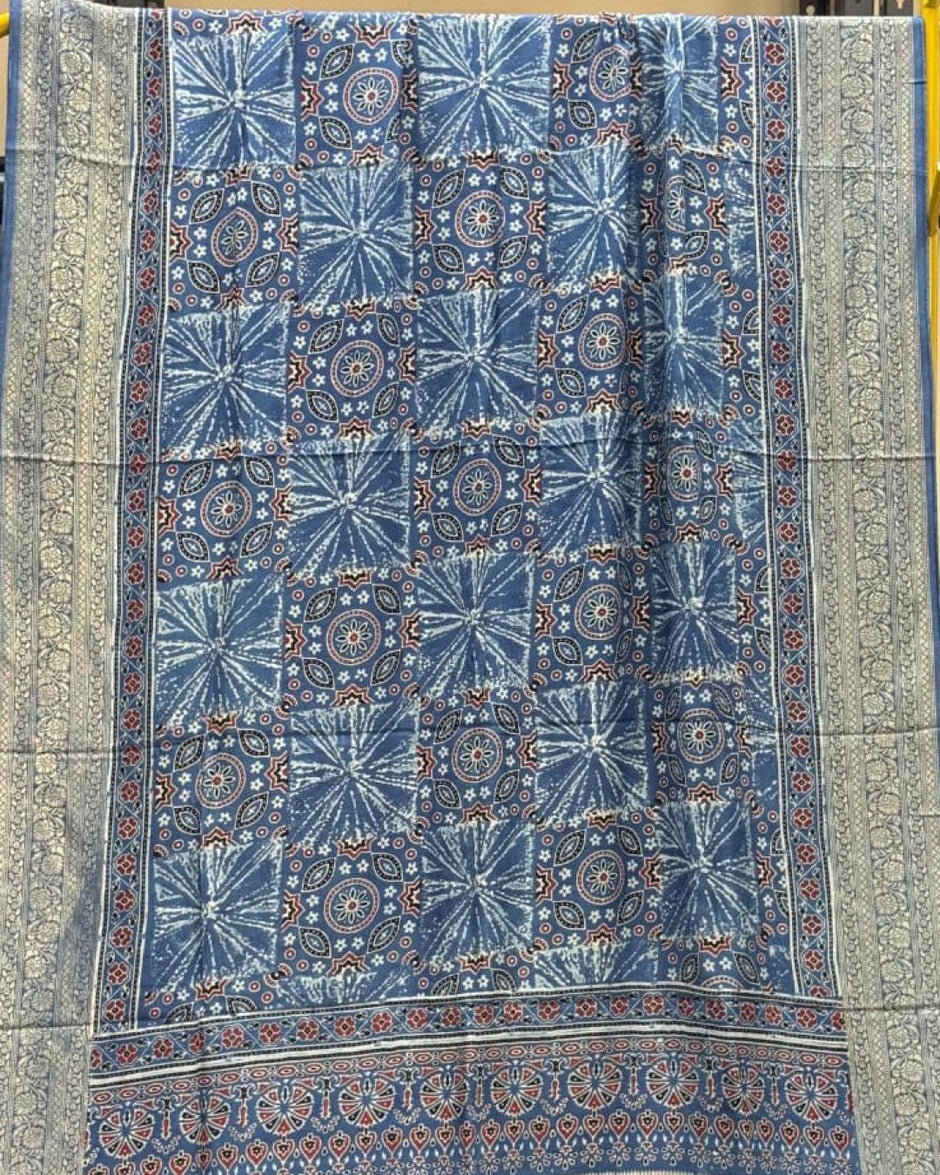 TAS Auto Crop Upper - Dola Silk Ajrakh Hand Block Print Natural Dye Zari Pallu Dupatta 15