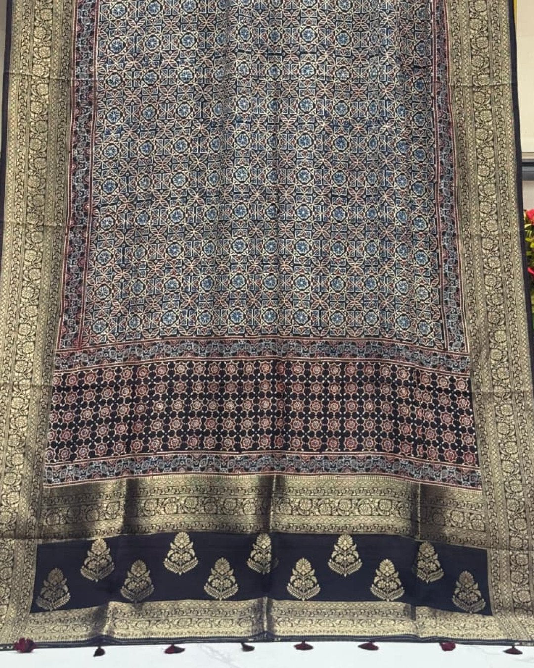 TAS Auto Crop Lower - Dola Silk Ajrakh Hand Block Print Natural Dye Zari Pallu Dupatta 16
