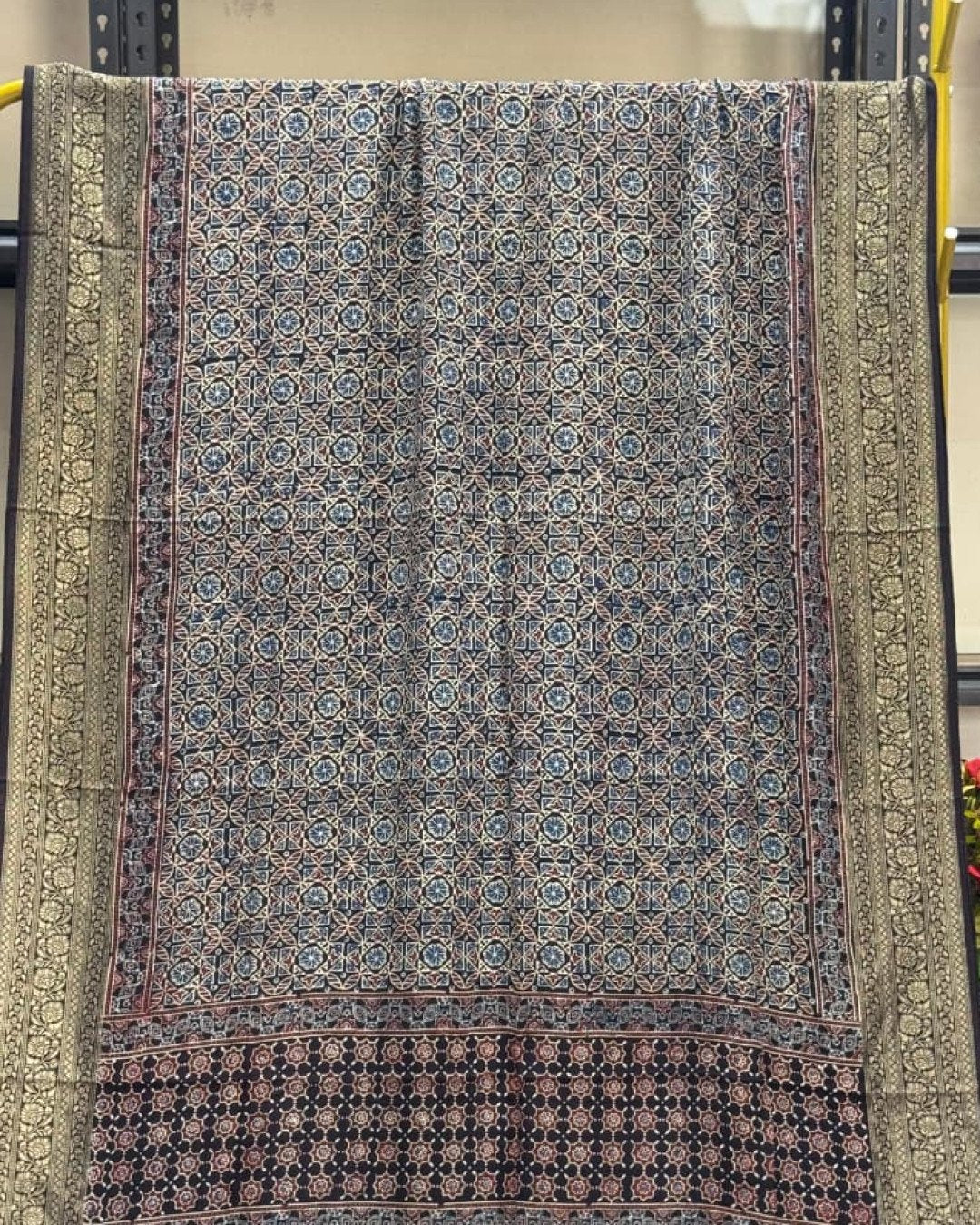 TAS Auto Crop Upper - Dola Silk Ajrakh Hand Block Print Natural Dye Zari Pallu Dupatta 16