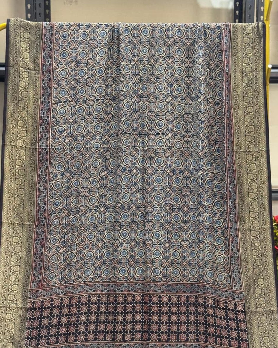 TAS Auto Crop Upper - Dola Silk Ajrakh Hand Block Print Natural Dye Zari Pallu Dupatta 16