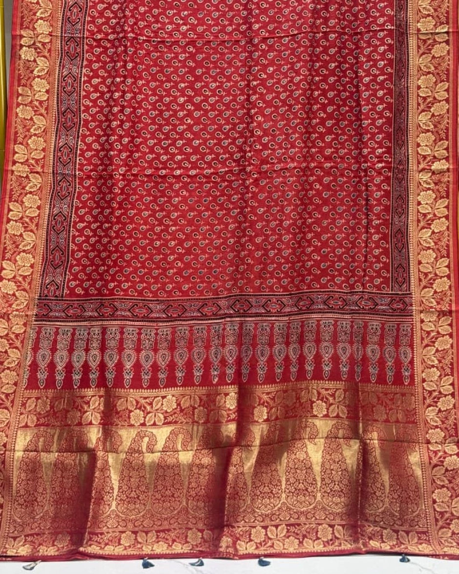 TAS Auto Crop Lower - Dola Silk Ajrakh Hand Block Print Natural Dye Zari Pallu Dupatta 17