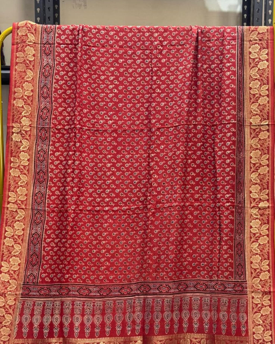 TAS Auto Crop Upper - Dola Silk Ajrakh Hand Block Print Natural Dye Zari Pallu Dupatta 17