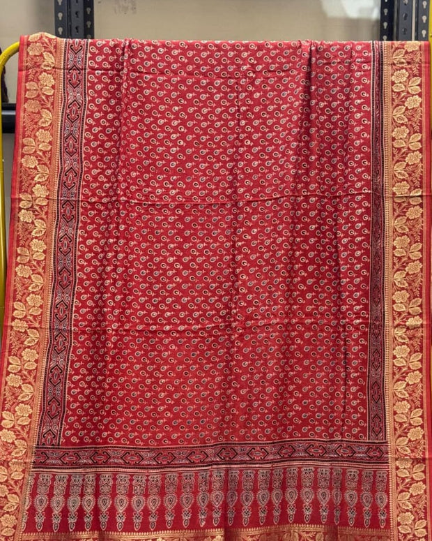 TAS Auto Crop Upper - Dola Silk Ajrakh Hand Block Print Natural Dye Zari Pallu Dupatta 17