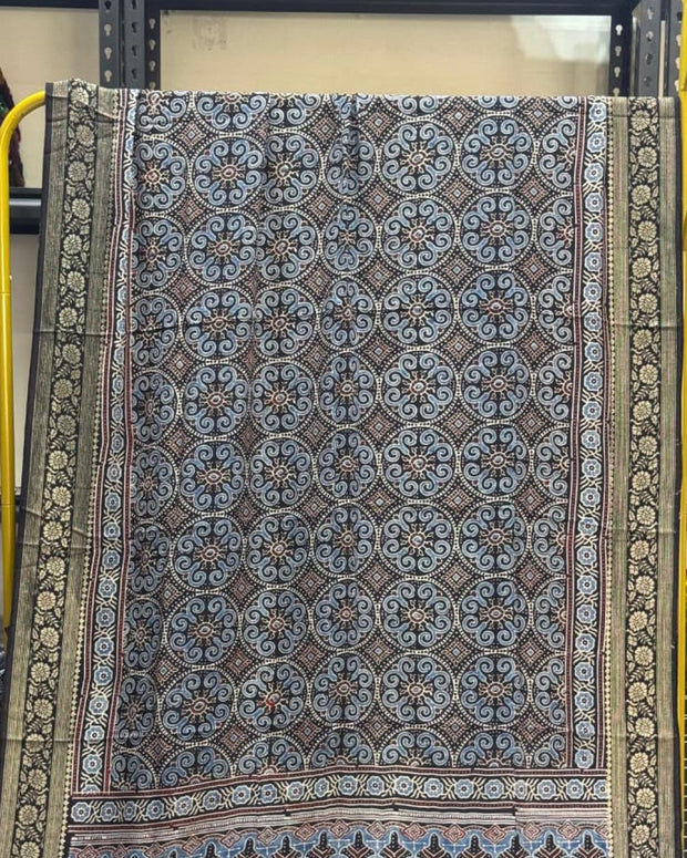 TAS Auto Crop Upper - Dola Silk Ajrakh Hand Block Print Natural Dye Zari Pallu Dupatta 18