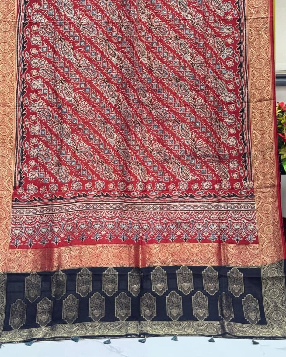 TAS Auto Crop Lower - Dola Silk Ajrakh Hand Block Print Natural Dye Zari Pallu Dupatta 19