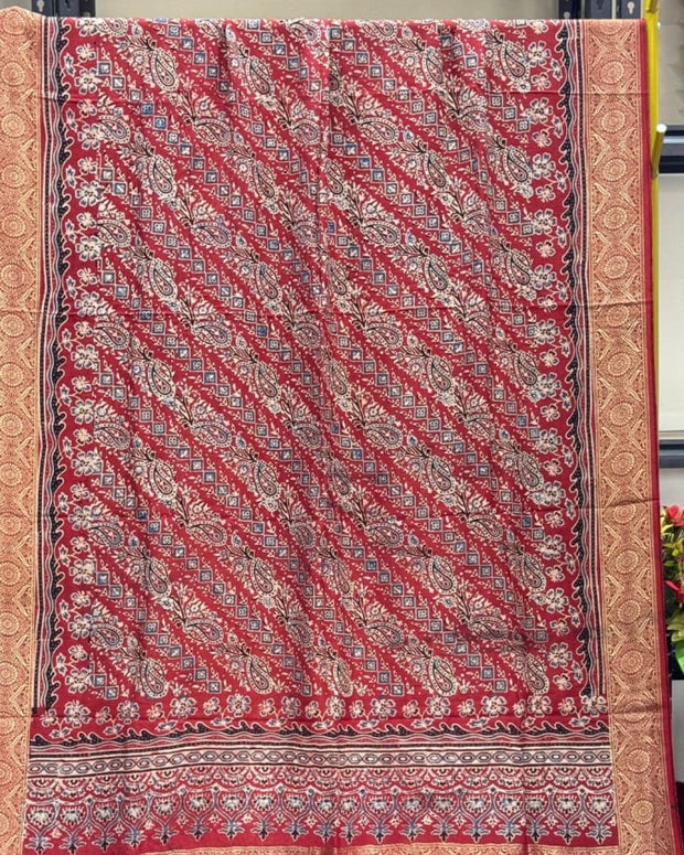 TAS Auto Crop Upper - Dola Silk Ajrakh Hand Block Print Natural Dye Zari Pallu Dupatta 19