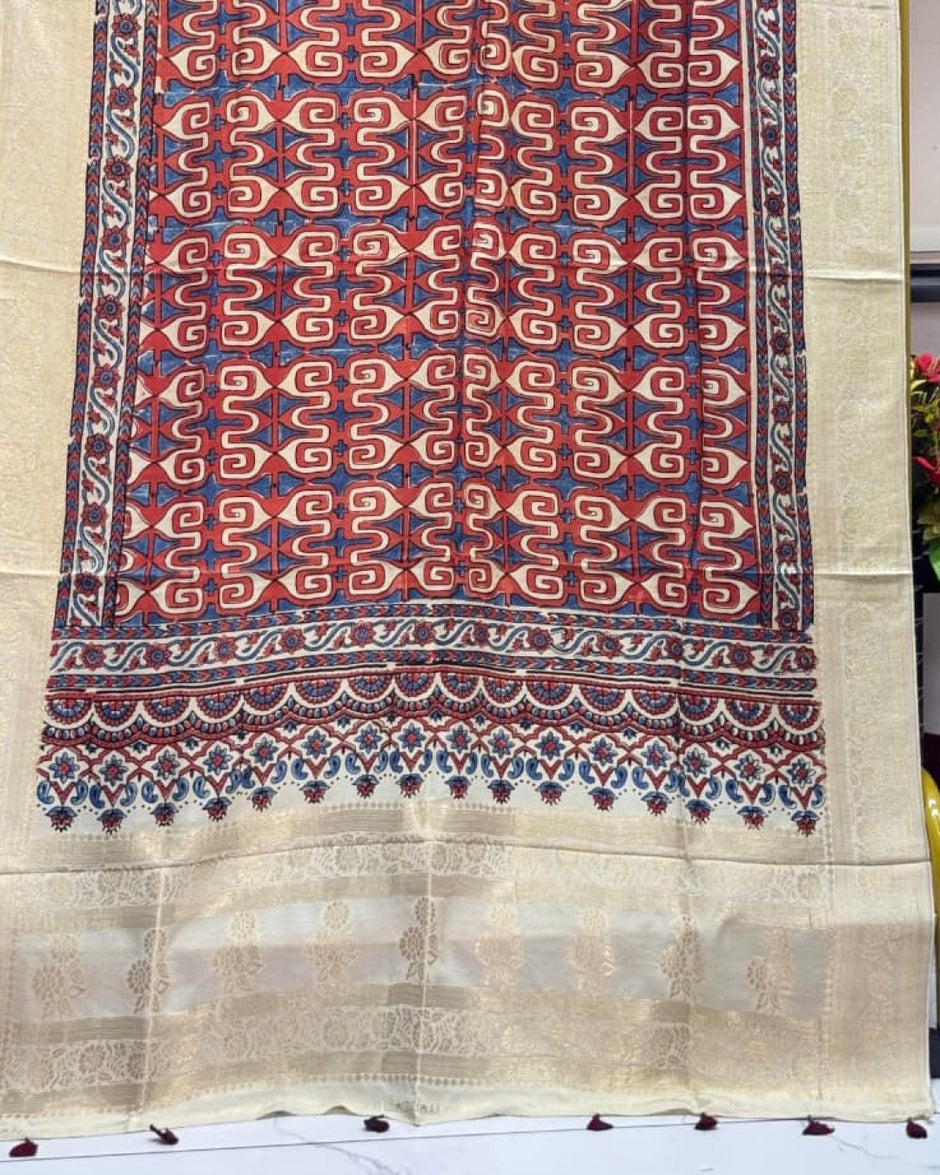 TAS Auto Crop Lower - Dola Silk Ajrakh Hand Block Print Natural Dye Zari Pallu Dupatta 20