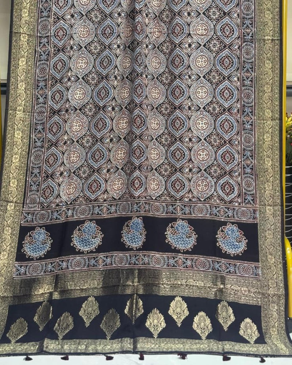 TAS Auto Crop Lower - Dola Silk Ajrakh Hand Block Print Natural Dye Zari Pallu Dupatta 21