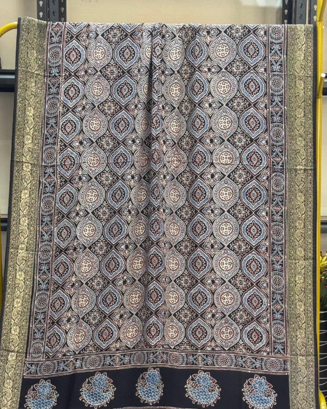 TAS Auto Crop Upper - Dola Silk Ajrakh Hand Block Print Natural Dye Zari Pallu Dupatta 21