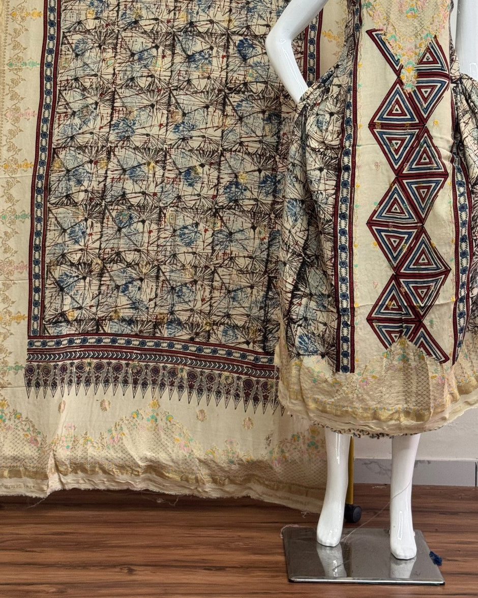 TAS Auto Crop Lower - Meena Kari Dola Silk Ajrakh Hand Block Print 2-Piece Suit 01