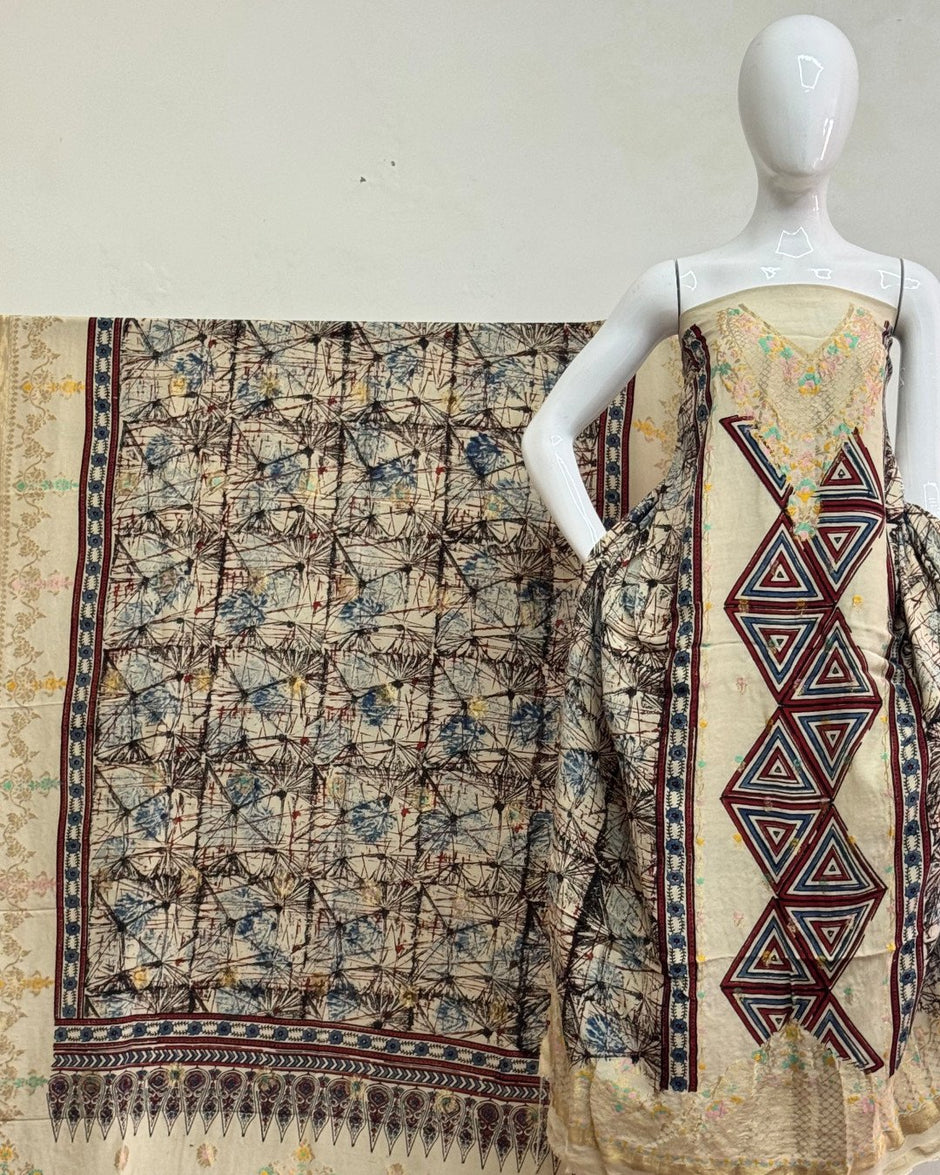 TAS Auto Crop Upper - Meena Kari Dola Silk Ajrakh Hand Block Print 2-Piece Suit 01