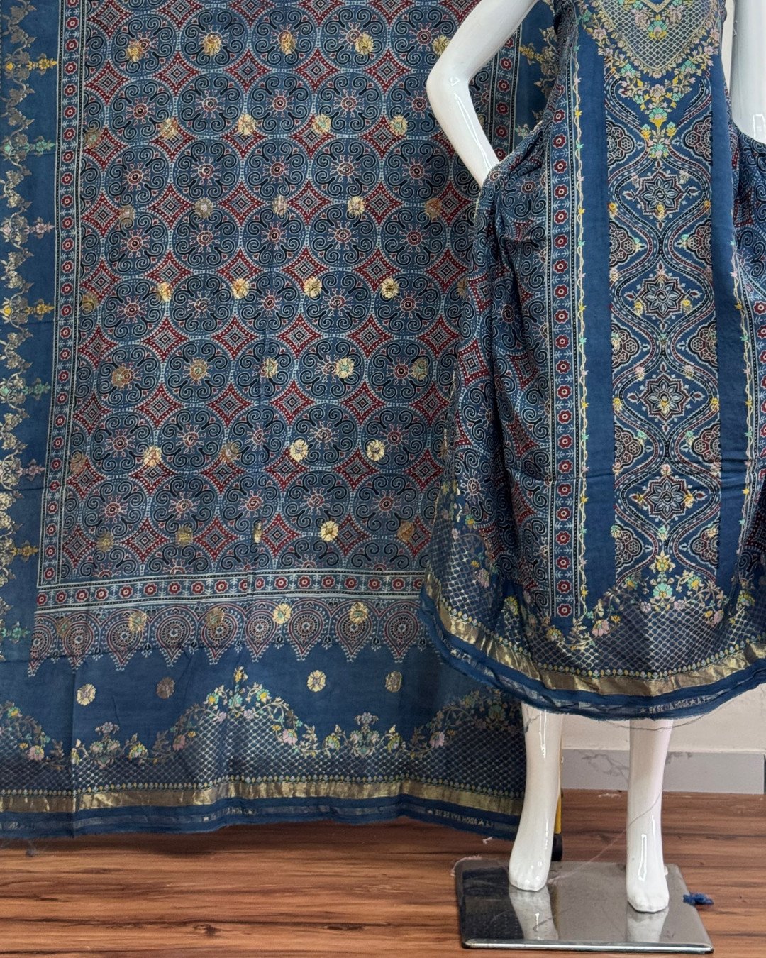 TAS Auto Crop Lower - Meena Kari Dola Silk Ajrakh Hand Block Print 2-Piece Suit 02