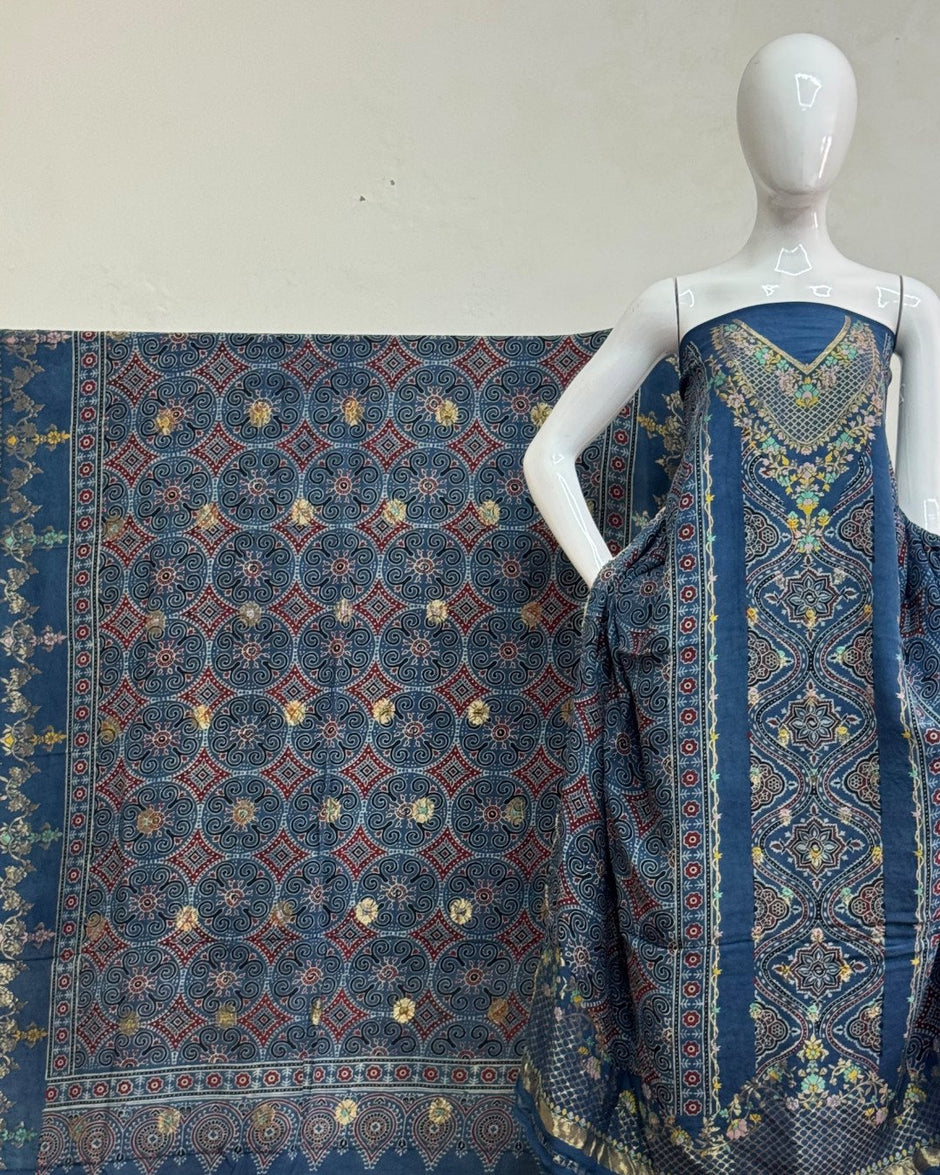 TAS Auto Crop Upper - Meena Kari Dola Silk Ajrakh Hand Block Print 2-Piece Suit 02
