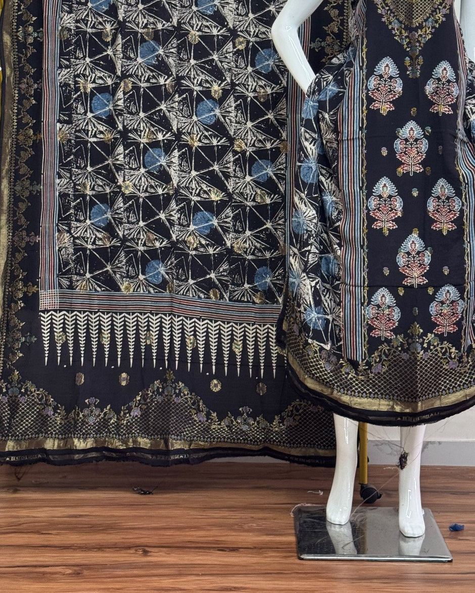 TAS Auto Crop Lower - Meena Kari Dola Silk Ajrakh Hand Block Print 2-Piece Suit 03