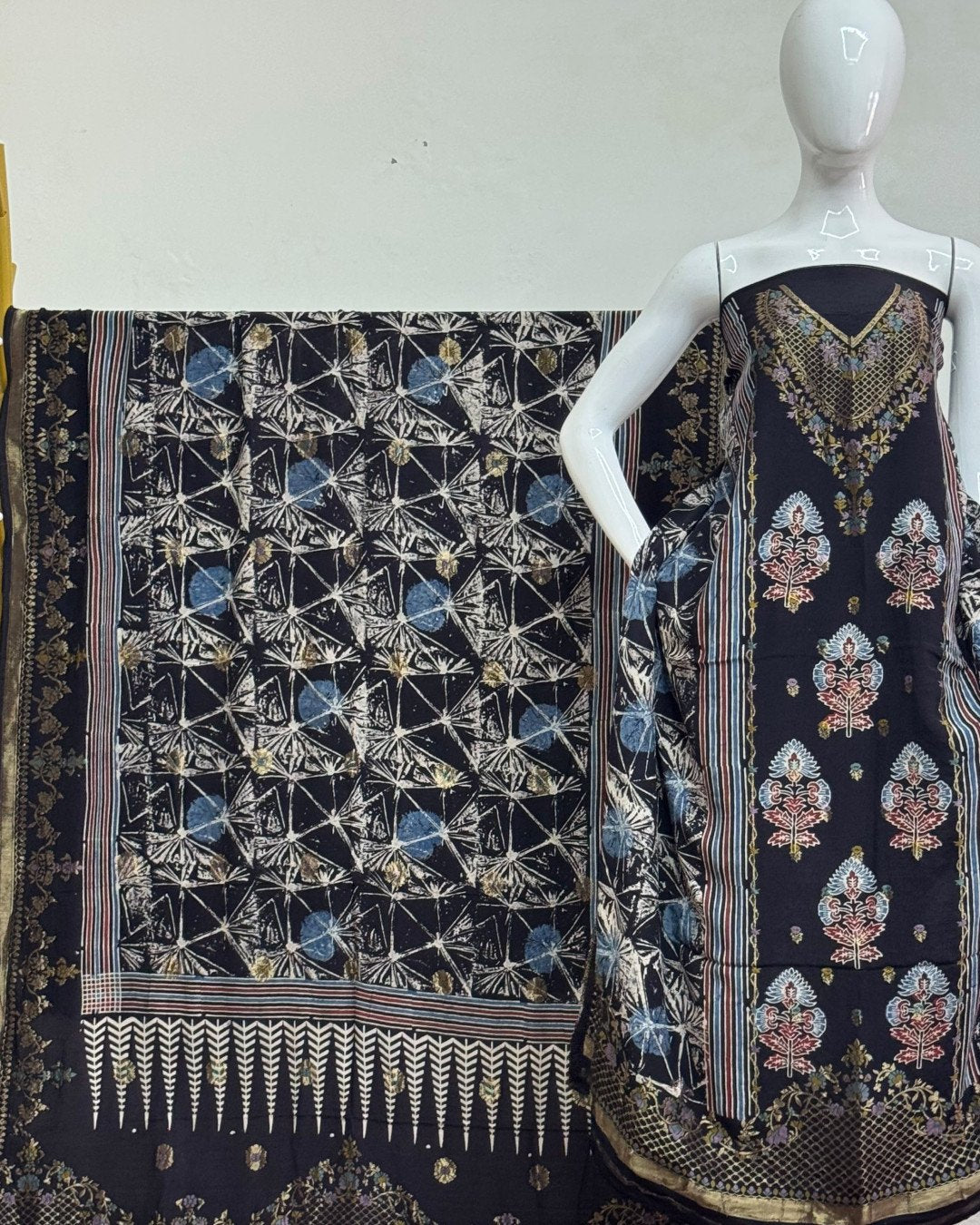 TAS Auto Crop Upper - Meena Kari Dola Silk Ajrakh Hand Block Print 2-Piece Suit 03