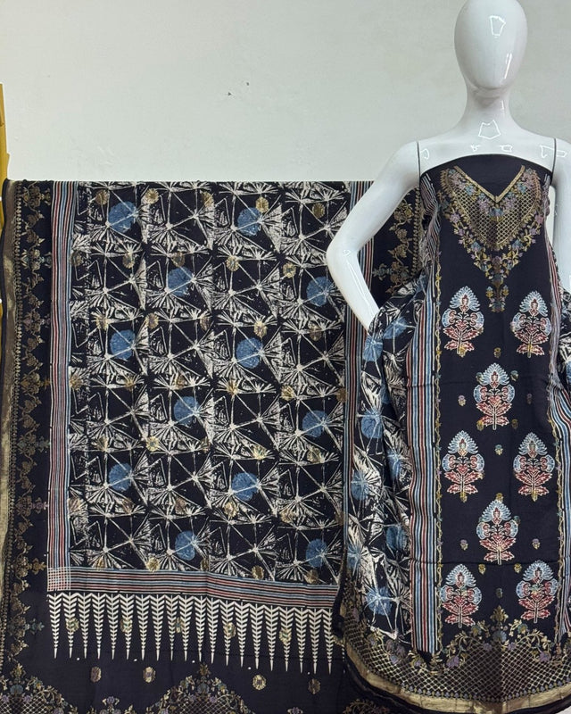 TAS Auto Crop Upper - Meena Kari Dola Silk Ajrakh Hand Block Print 2-Piece Suit 03