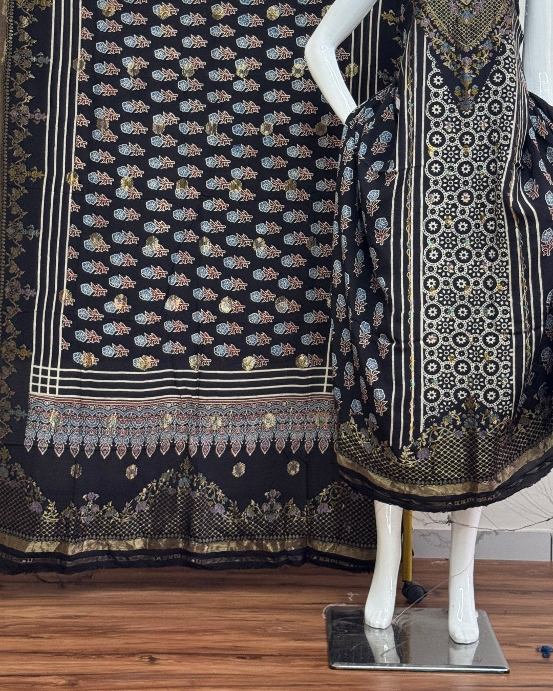 TAS Auto Crop Lower - Meena Kari Dola Silk Ajrakh Hand Block Print 2-Piece Suit 05