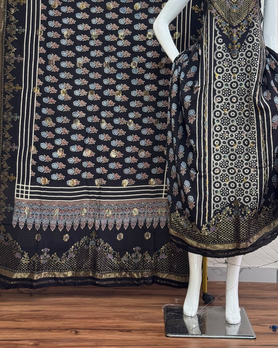 TAS Auto Crop Lower - Meena Kari Dola Silk Ajrakh Hand Block Print 2-Piece Suit 05