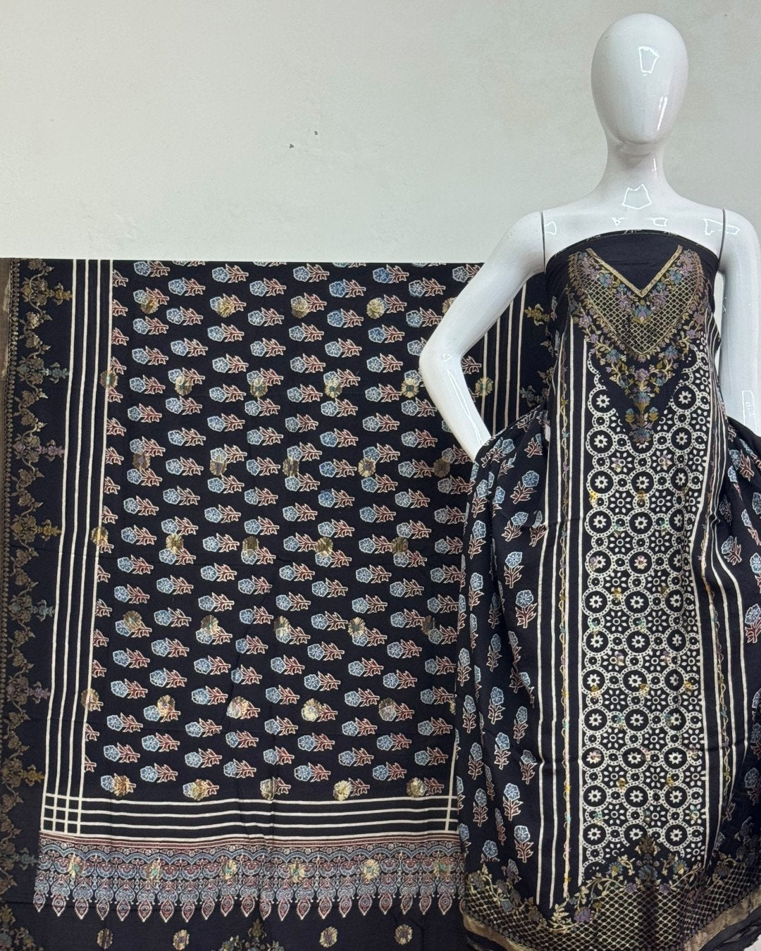 TAS Auto Crop Upper - Meena Kari Dola Silk Ajrakh Hand Block Print 2-Piece Suit 05