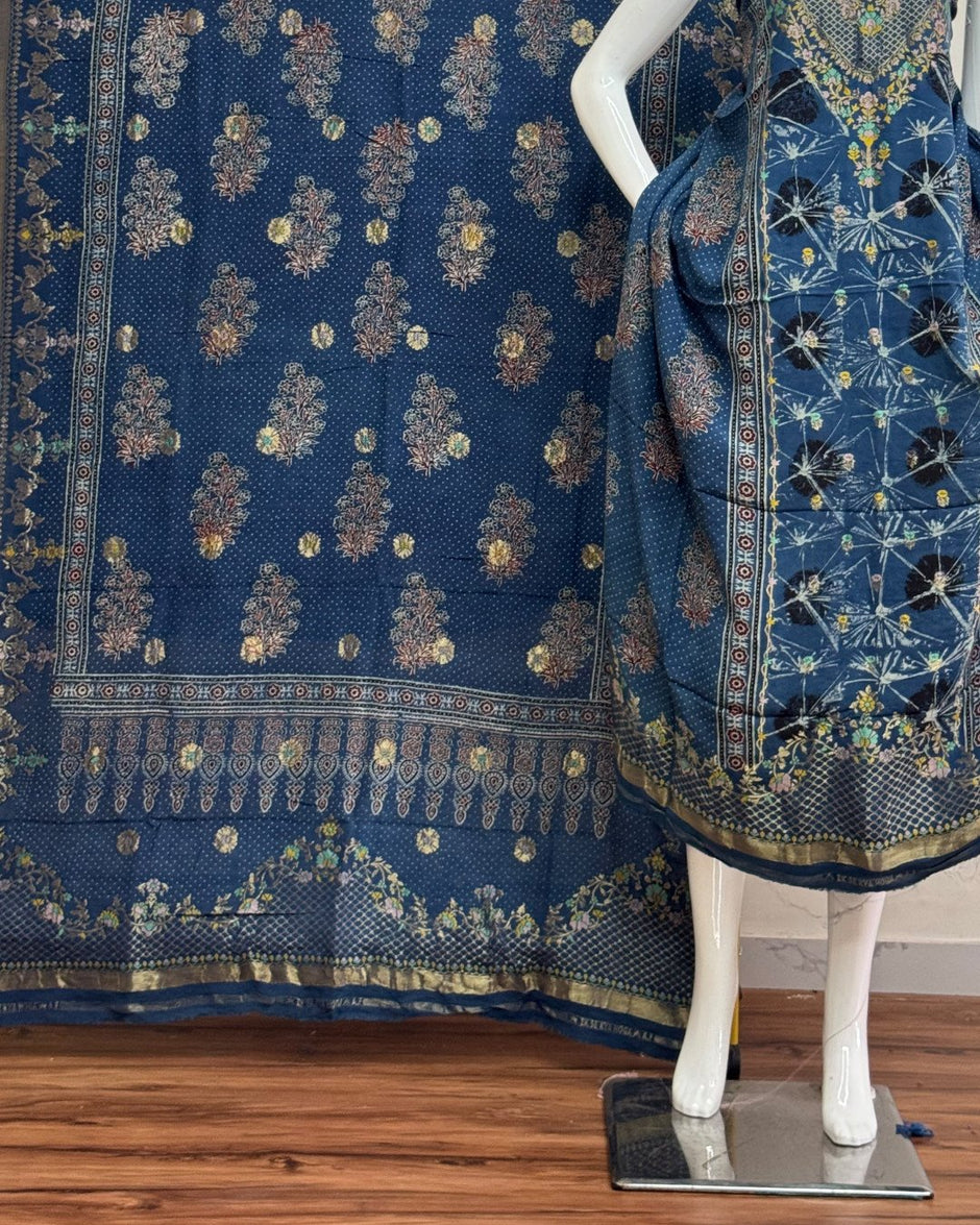 TAS Auto Crop Lower - Meena Kari Dola Silk Ajrakh Hand Block Print 2-Piece Suit 06