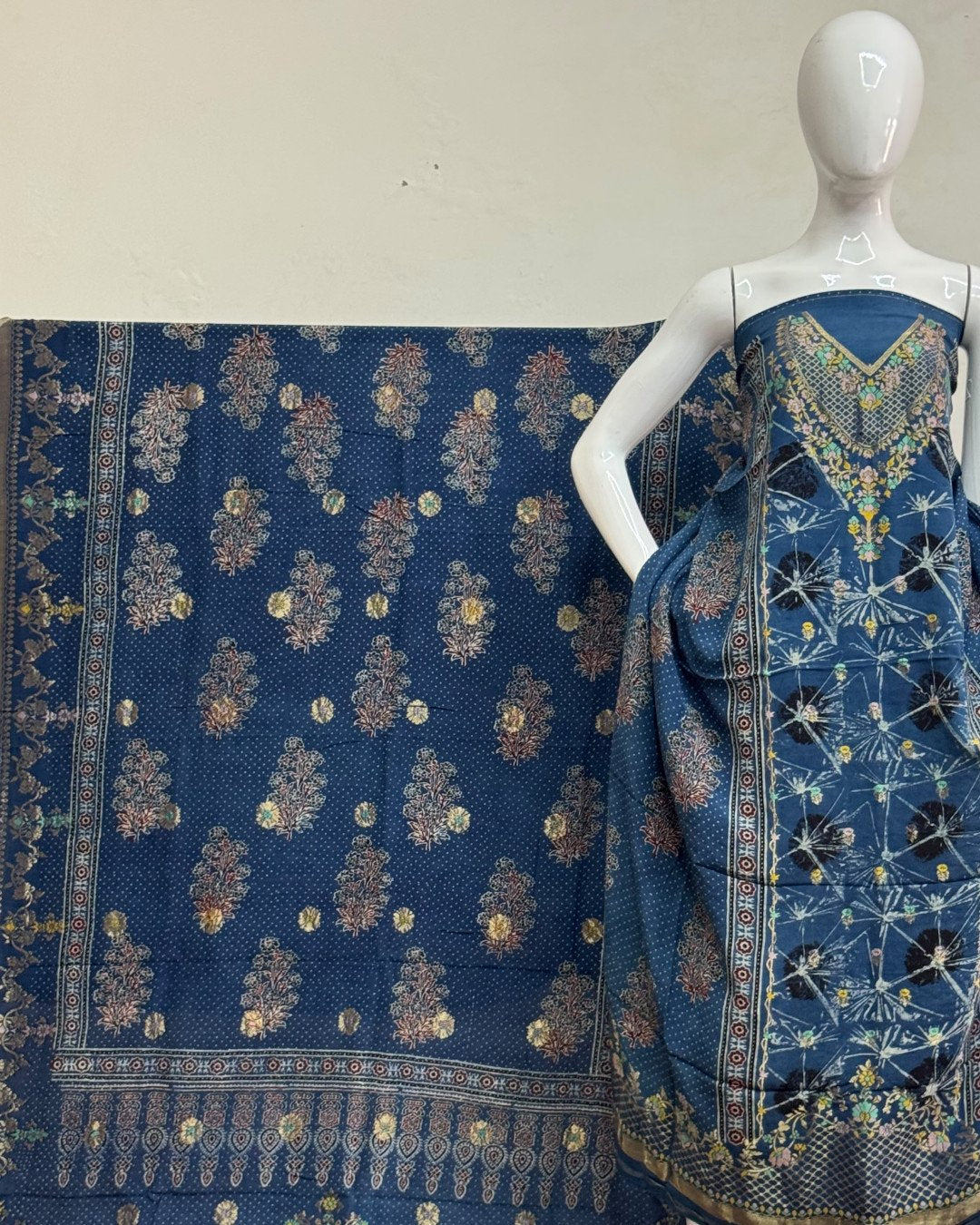 TAS Auto Crop Upper - Meena Kari Dola Silk Ajrakh Hand Block Print 2-Piece Suit 06