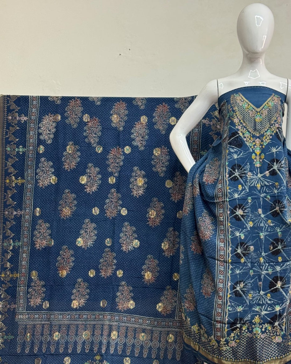 TAS Auto Crop Upper - Meena Kari Dola Silk Ajrakh Hand Block Print 2-Piece Suit 06
