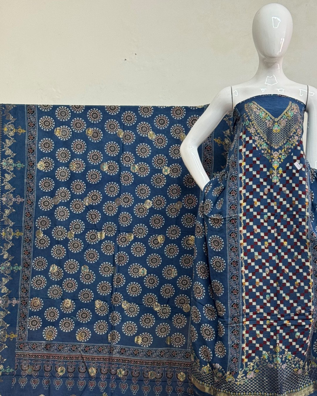 TAS Auto Crop Upper - Meena Kari Dola Silk Ajrakh Hand Block Print 2-Piece Suit 07