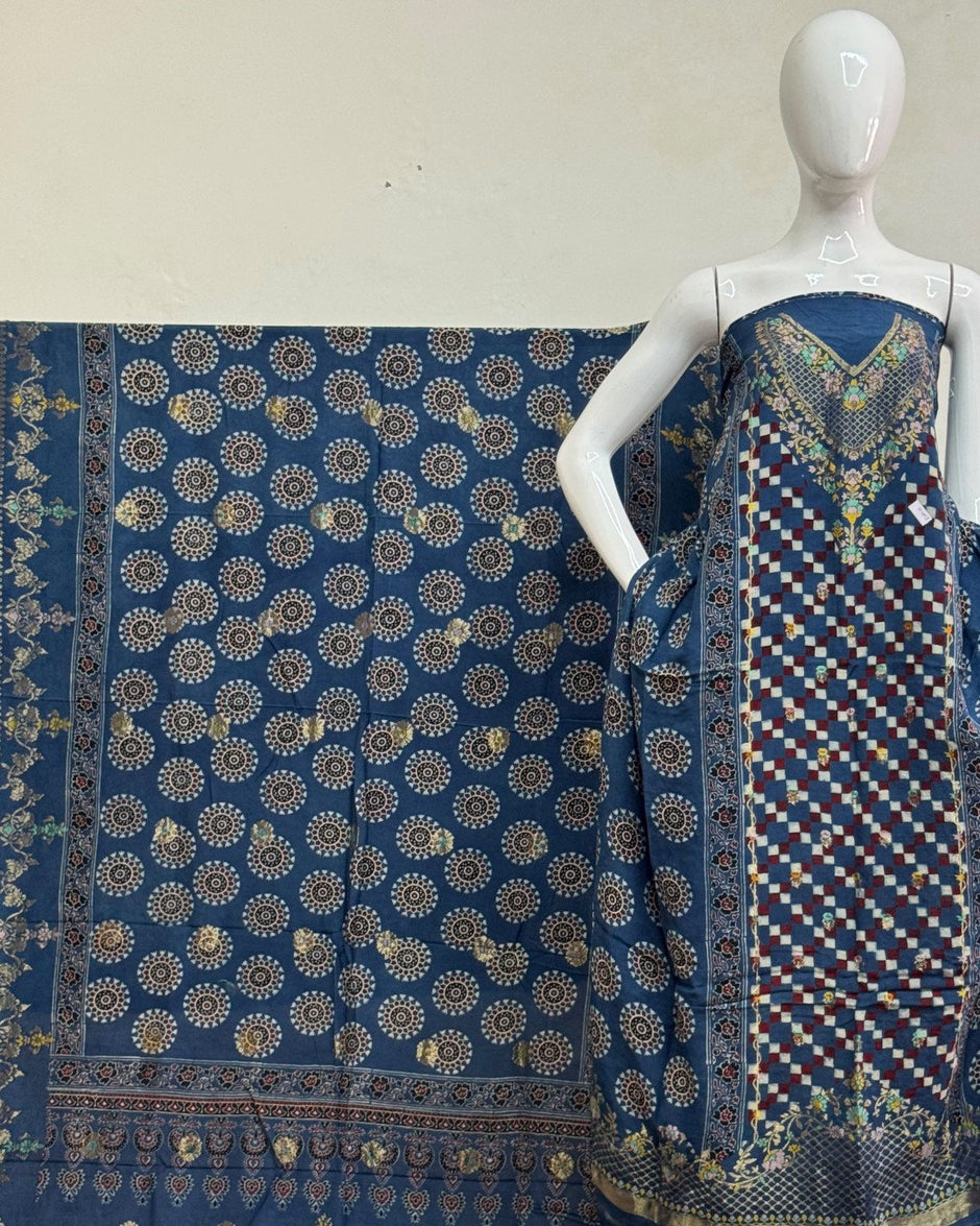 TAS Auto Crop Upper - Meena Kari Dola Silk Ajrakh Hand Block Print 2-Piece Suit 07
