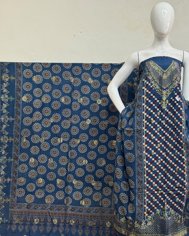 TAS Auto Crop Upper - Meena Kari Dola Silk Ajrakh Hand Block Print 2-Piece Suit 07