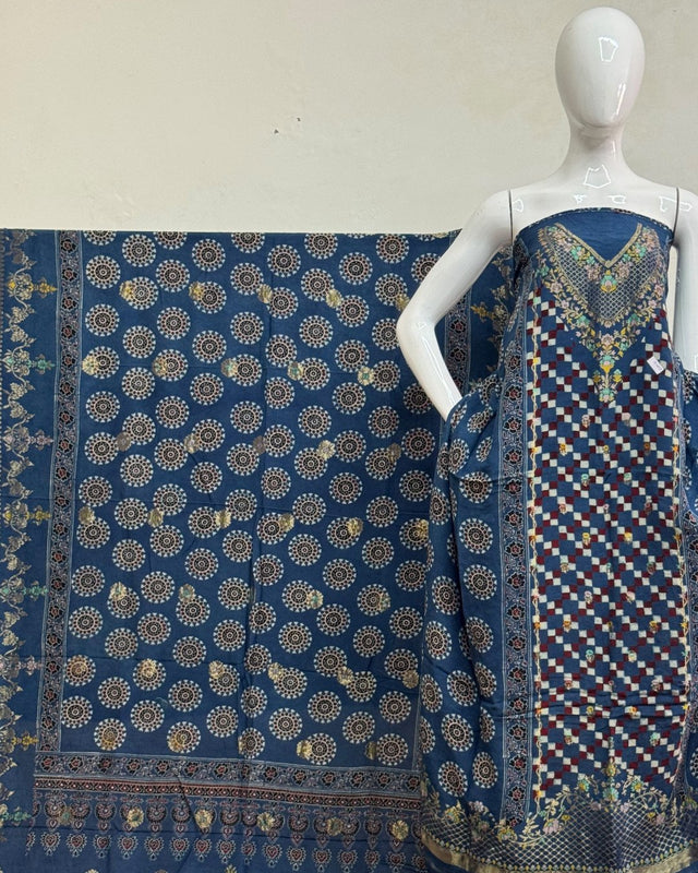 TAS Auto Crop Upper - Meena Kari Dola Silk Ajrakh Hand Block Print 2-Piece Suit 07