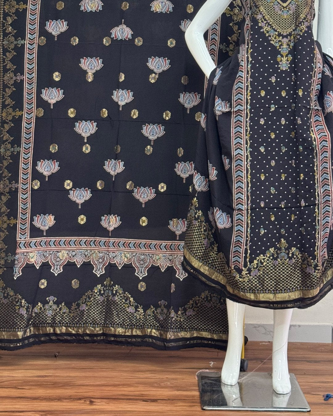 TAS Auto Crop Lower - Meena Kari Dola Silk Ajrakh Hand Block Print 2-Piece Suit 08