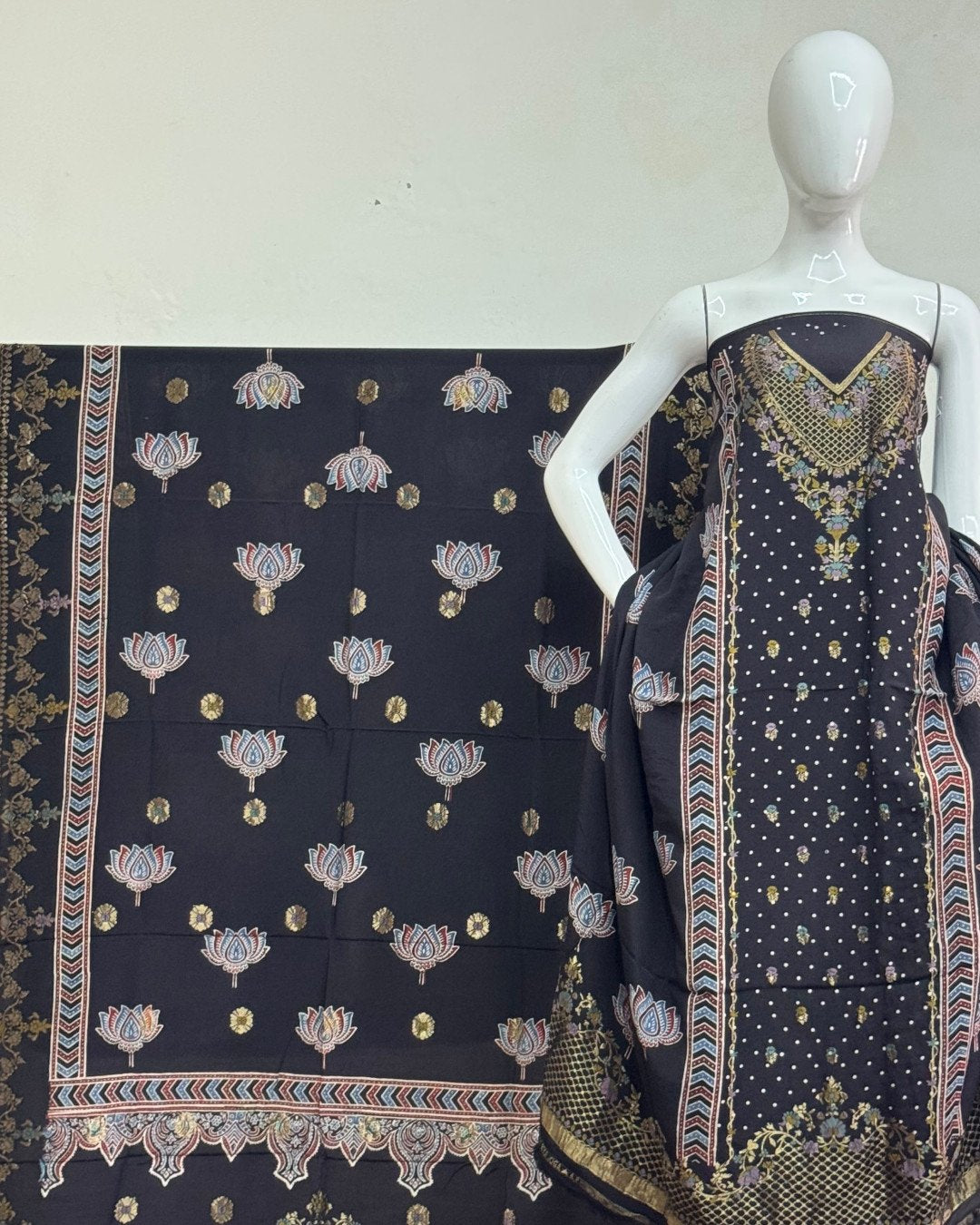TAS Auto Crop Upper - Meena Kari Dola Silk Ajrakh Hand Block Print 2-Piece Suit 08