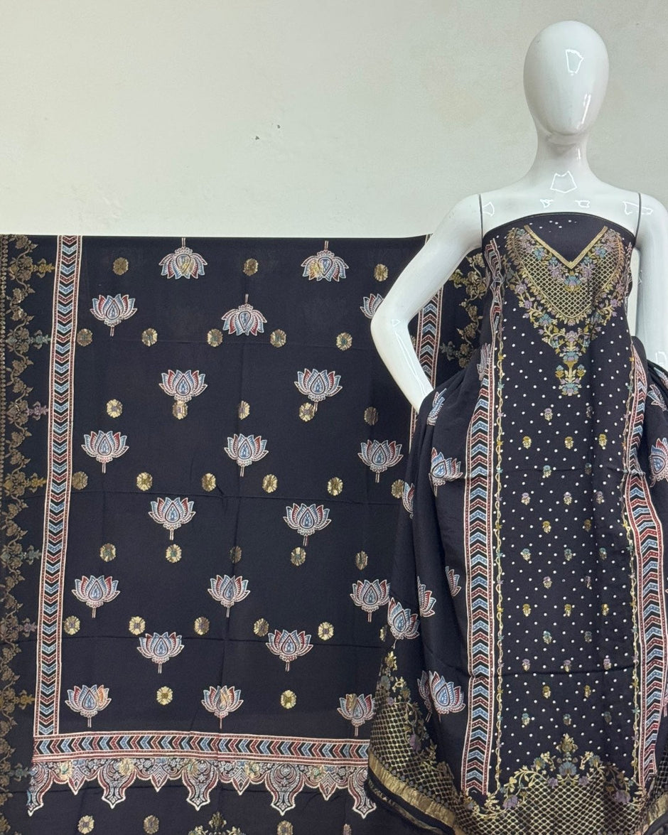 TAS Auto Crop Upper - Meena Kari Dola Silk Ajrakh Hand Block Print 2-Piece Suit 08