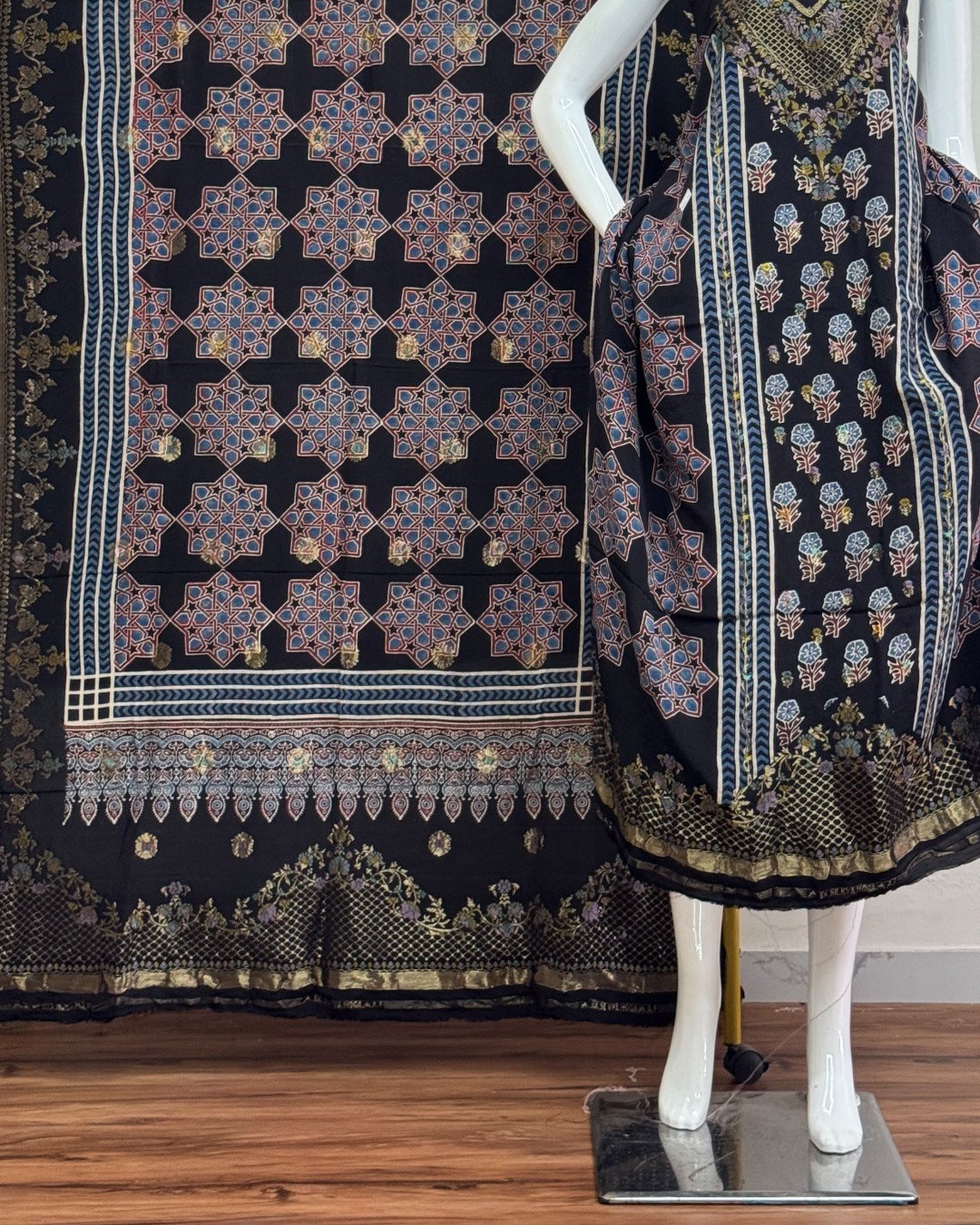 TAS Auto Crop Lower - Meena Kari Dola Silk Ajrakh Hand Block Print 2-Piece Suit 09