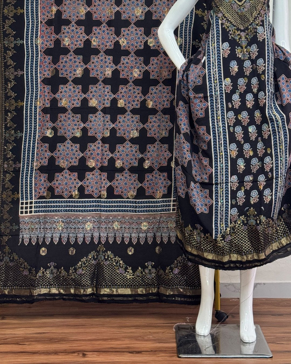 TAS Auto Crop Lower - Meena Kari Dola Silk Ajrakh Hand Block Print 2-Piece Suit 09