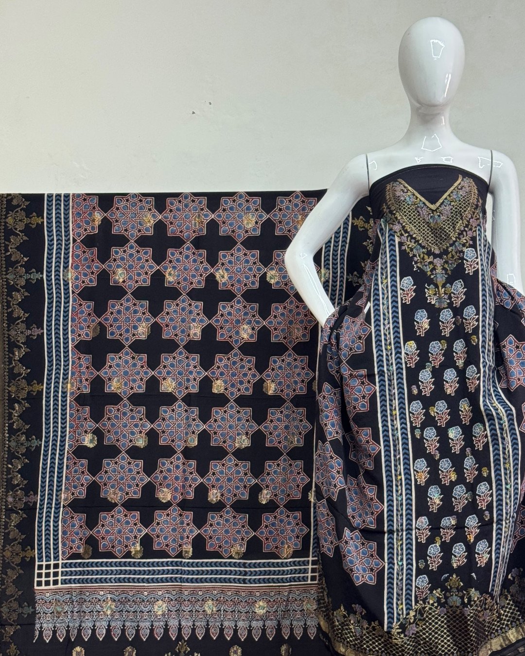 TAS Auto Crop Upper - Meena Kari Dola Silk Ajrakh Hand Block Print 2-Piece Suit 09