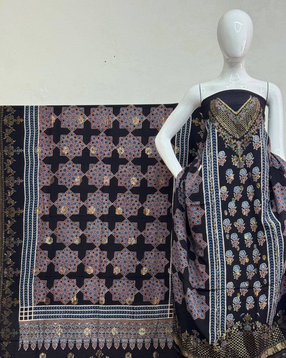 TAS Auto Crop Upper - Meena Kari Dola Silk Ajrakh Hand Block Print 2-Piece Suit 09