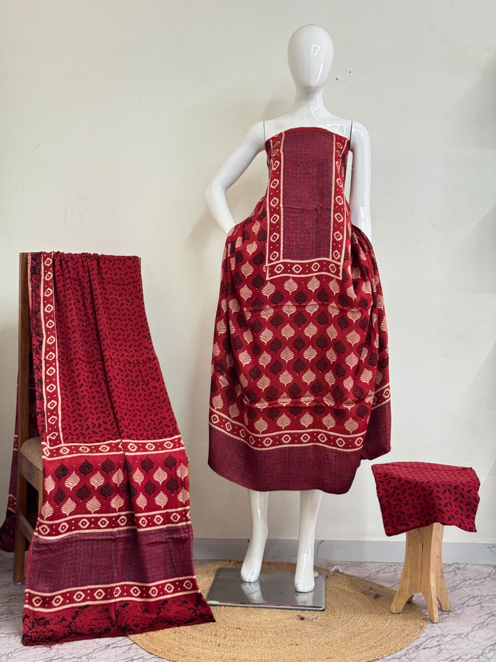 Pure Modal Silk Ajrakh Natural Dye 3-Piece Suit 17
