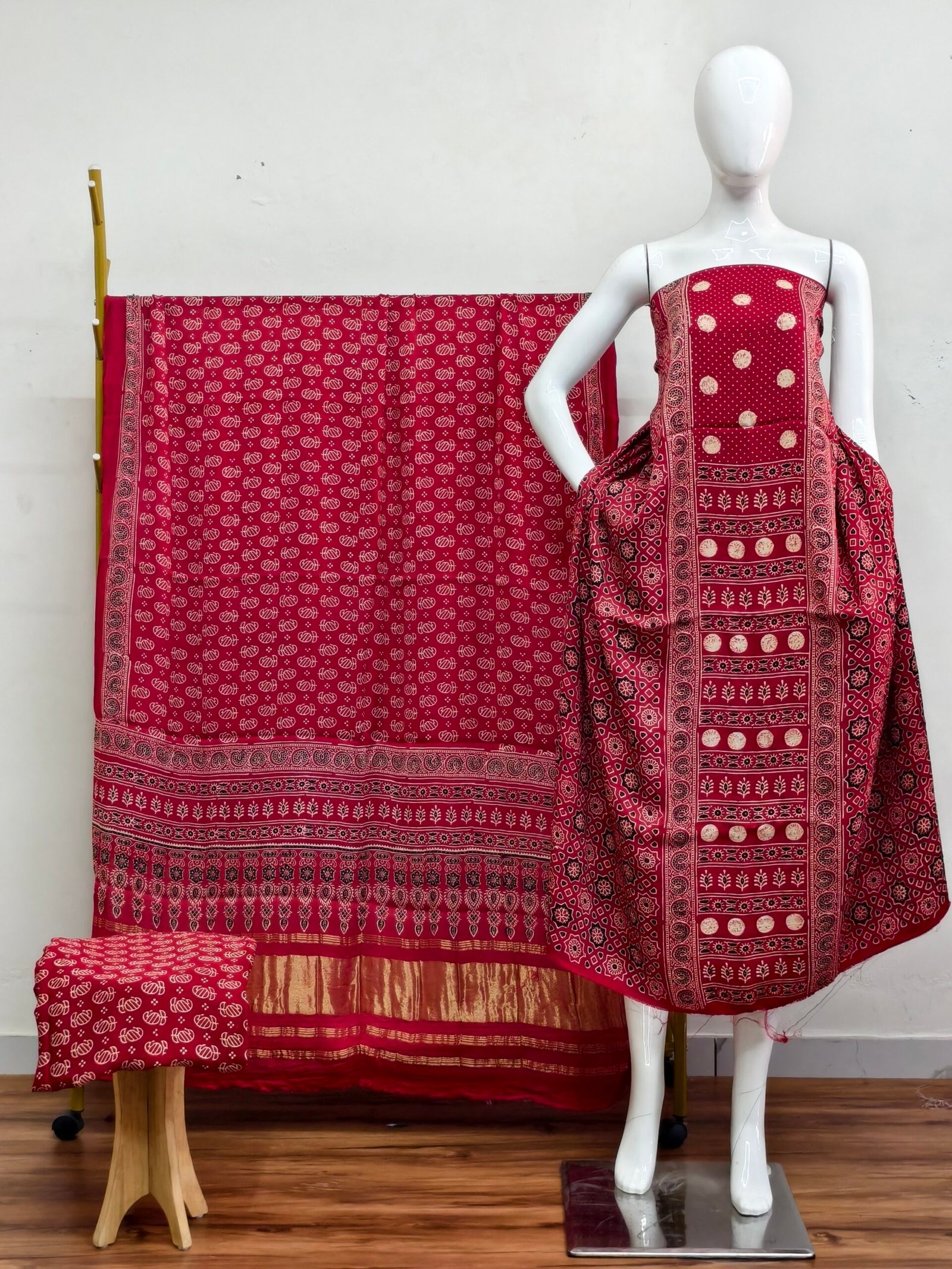 Havi Modal Silk Ajrakh Hand Block Print Neptol Dye & Discharge Print 3-Piece Suit Set