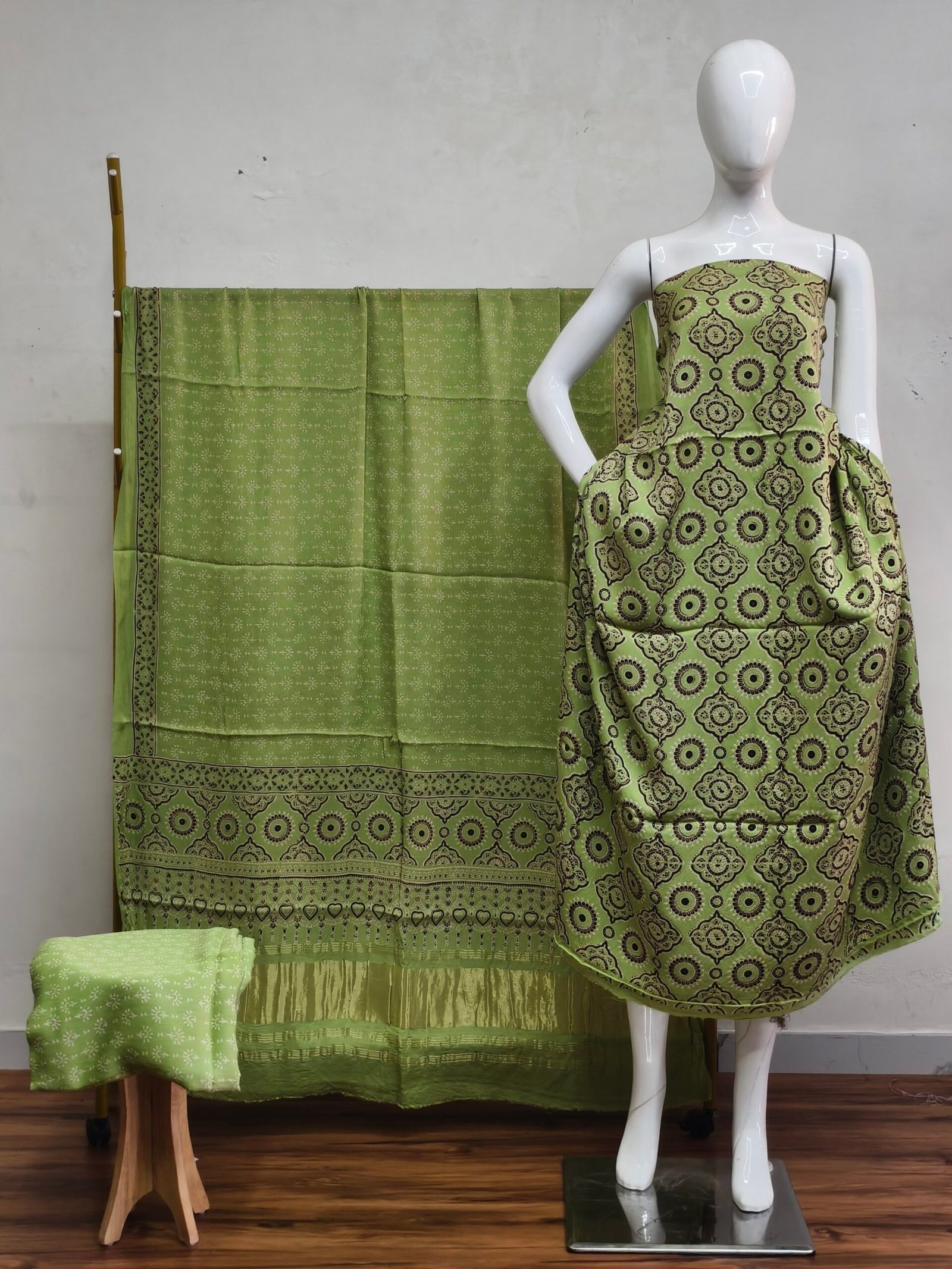 Havi Modal Silk Ajrakh Hand Block Print Neptol Dye & Discharge Print 3-Piece Suit Set