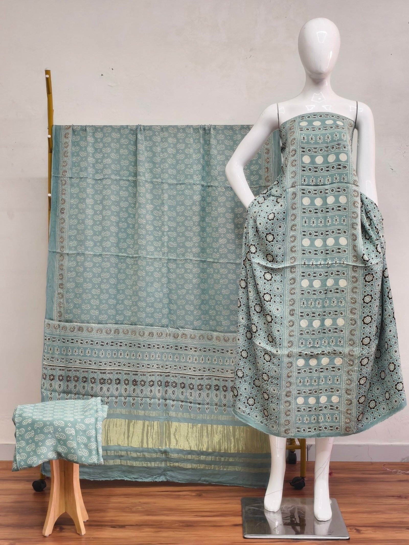 Havi Modal Silk Ajrakh Hand Block Print Neptol Dye & Discharge Print 3-Piece Suit Set
