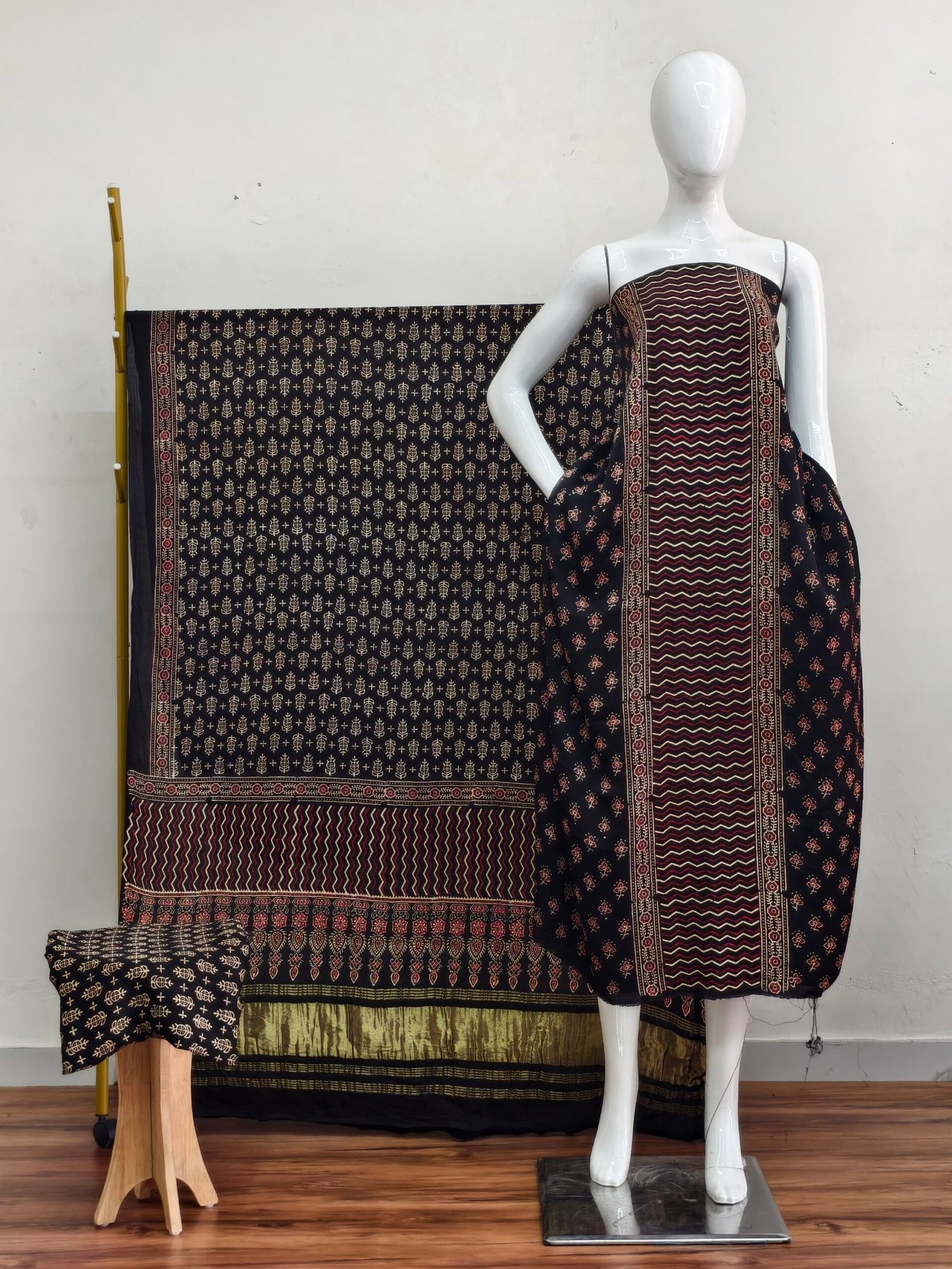 Havi Modal Silk Ajrakh Hand Block Print Neptol Dye & Discharge Print 3-Piece Suit Set