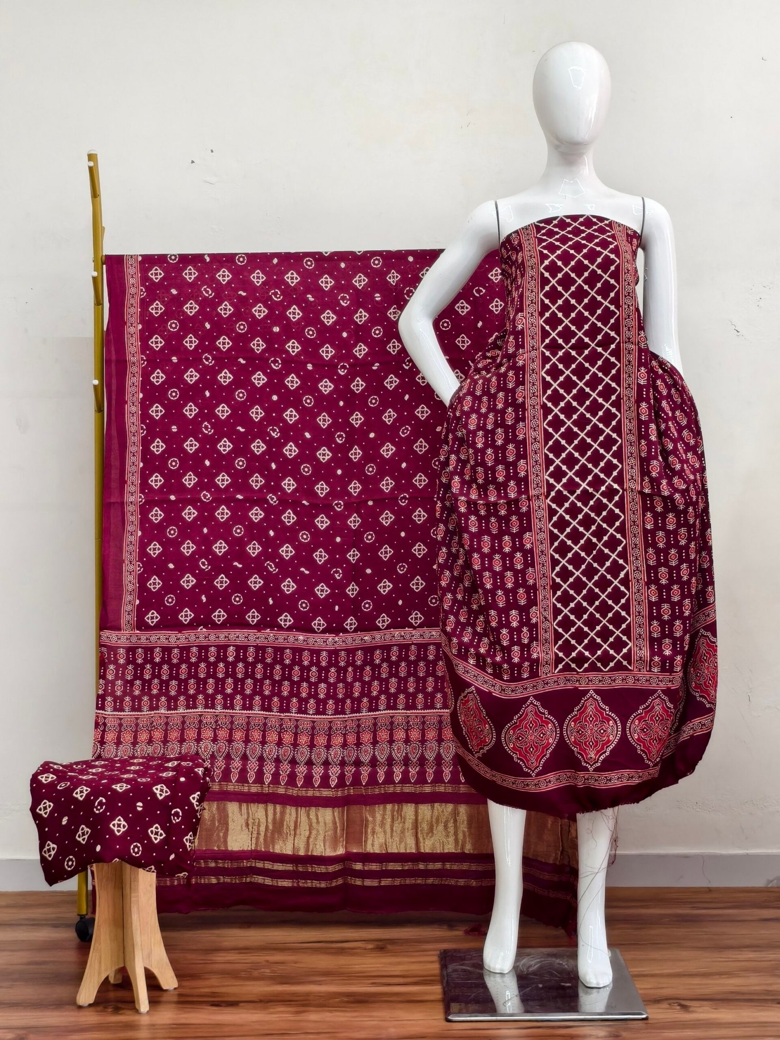 Havi Modal Silk Ajrakh Hand Block Print Neptol Dye & Discharge Print 3-Piece Suit Set