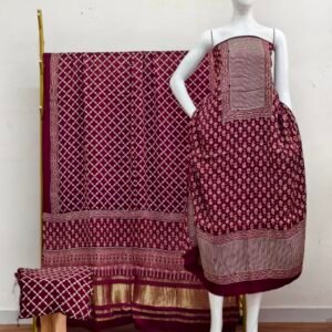 Havi Modal Silk Ajrakh Hand Block Print Neptol Dye & Discharge Print 3-Piece Suit Set