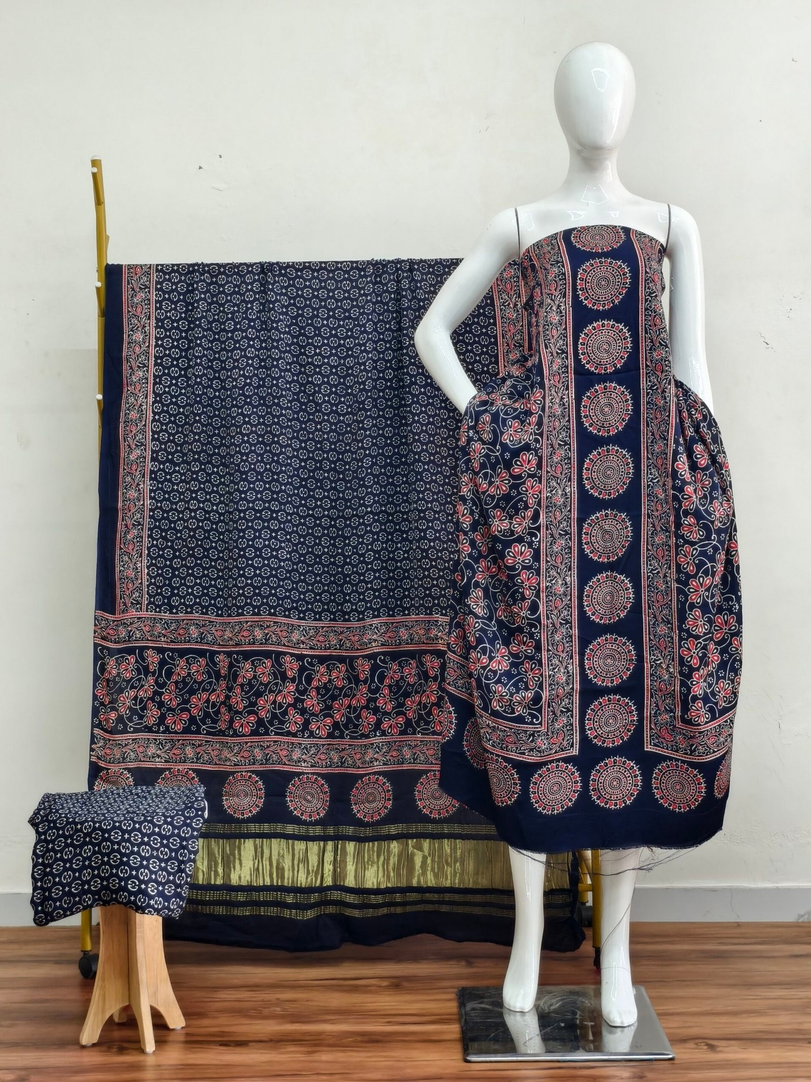 Havi Modal Silk Ajrakh Hand Block Print Neptol Dye & Discharge Print 3-Piece Suit Set