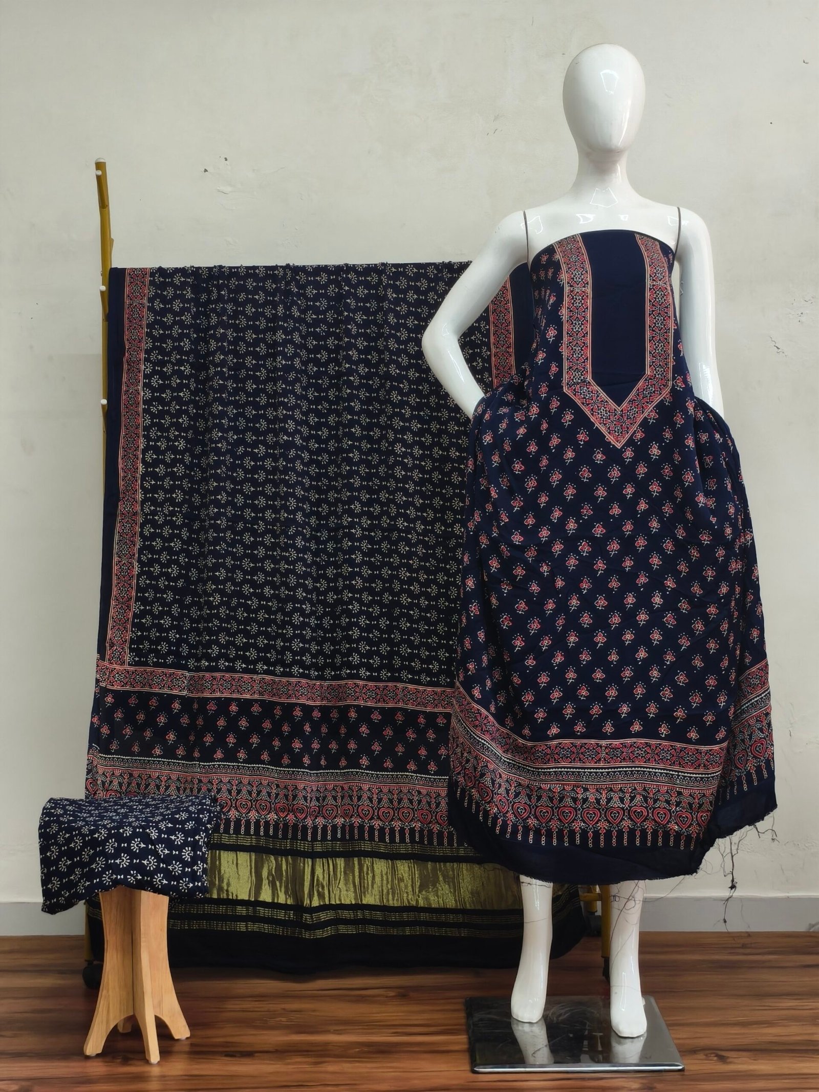 Havi Modal Silk Ajrakh Hand Block Print Neptol Dye & Discharge Print 3-Piece Suit Set