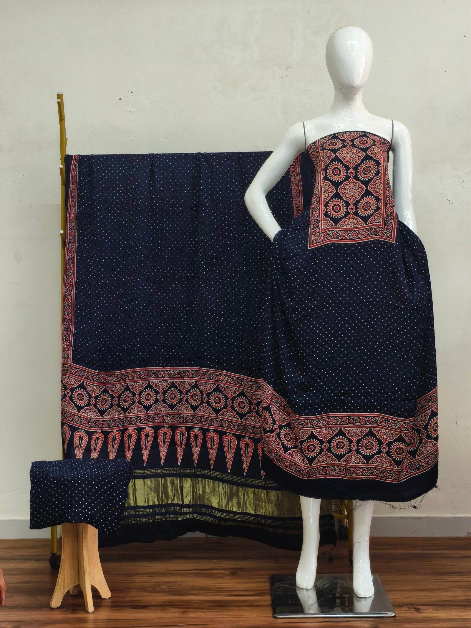 Havi Modal Silk Ajrakh Hand Block Print Neptol Dye & Discharge Print 3-Piece Suit Set