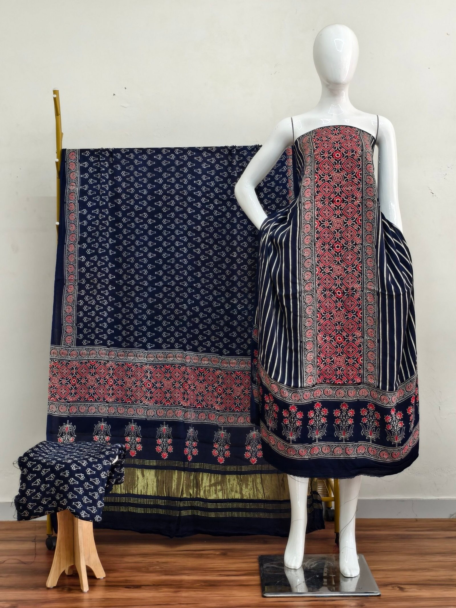 Havi Modal Silk Ajrakh Hand Block Print Neptol Dye & Discharge Print 3-Piece Suit Set